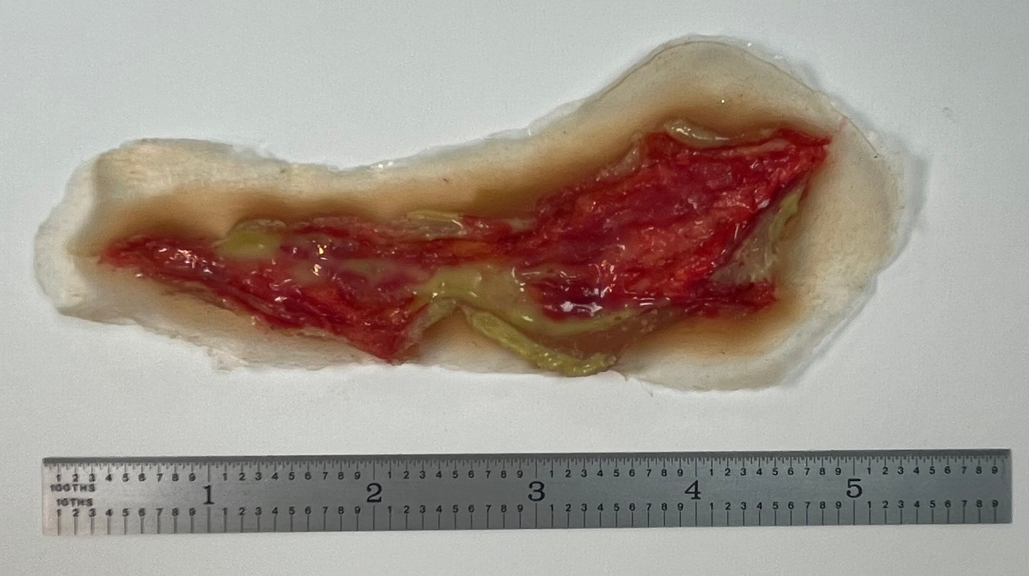 Realistic open wounds. Lacerations, Skin Tears, and open skin ulcers.  Easy to Apply and Use for EMS Scenario Training, Cosplay, & Fun.