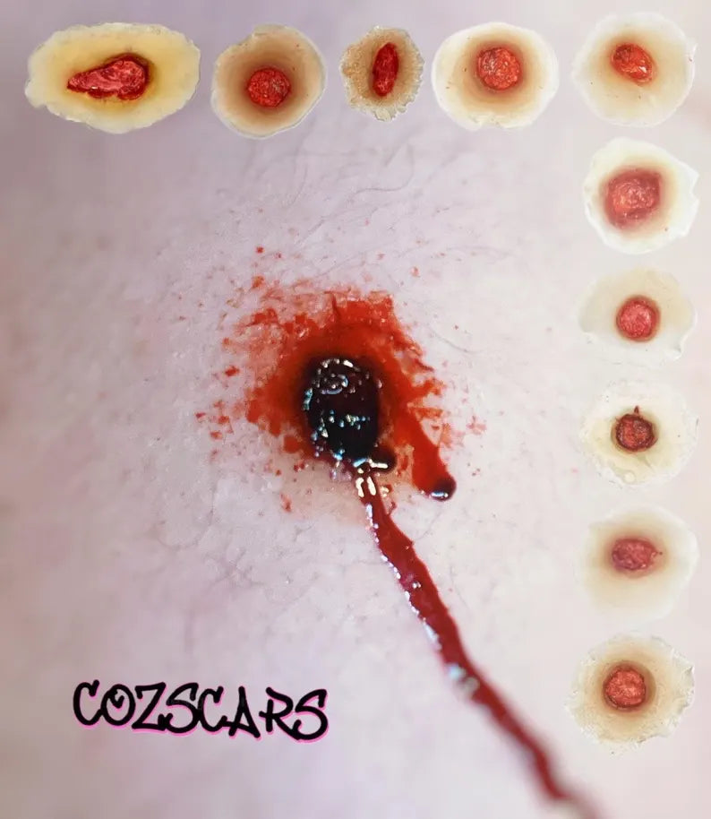3D Gunshot Wound FX, Cosplay Costume, 10pc reusable glue on GSW scenario training & more