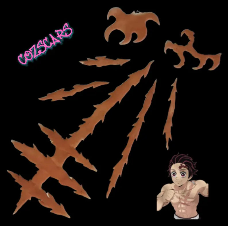 Kamado Tanjiro cosplay character scar kit from Demon Slayer. 1 Shoulder, 2 head variations and 4 accessory scars. Accurate life size design