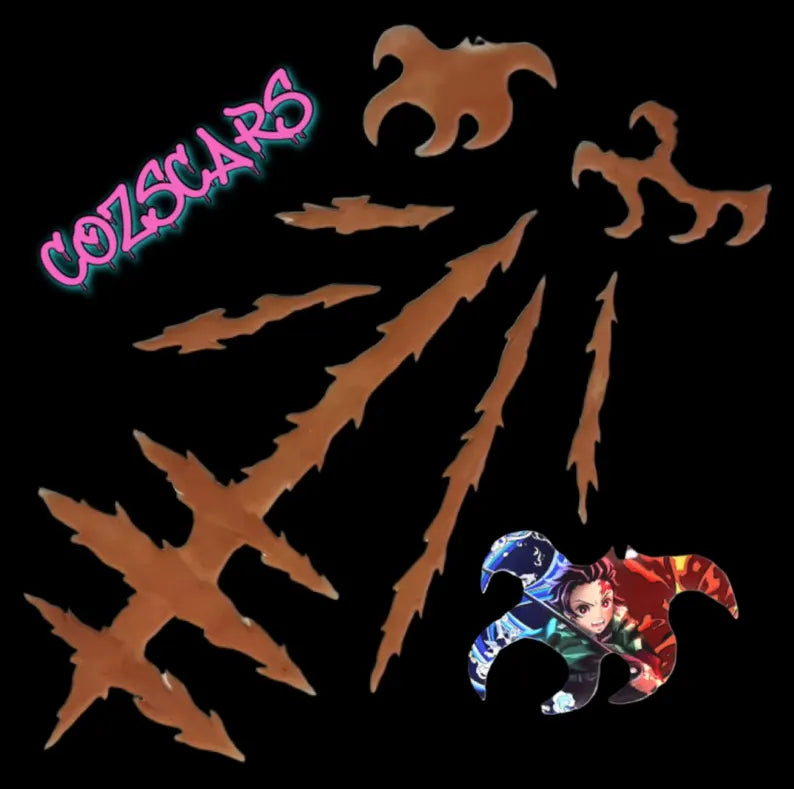 Kamado Tanjiro cosplay character scar kit from Demon Slayer. 1 Shoulder, 2 head variations and 4 accessory scars. Accurate life size design